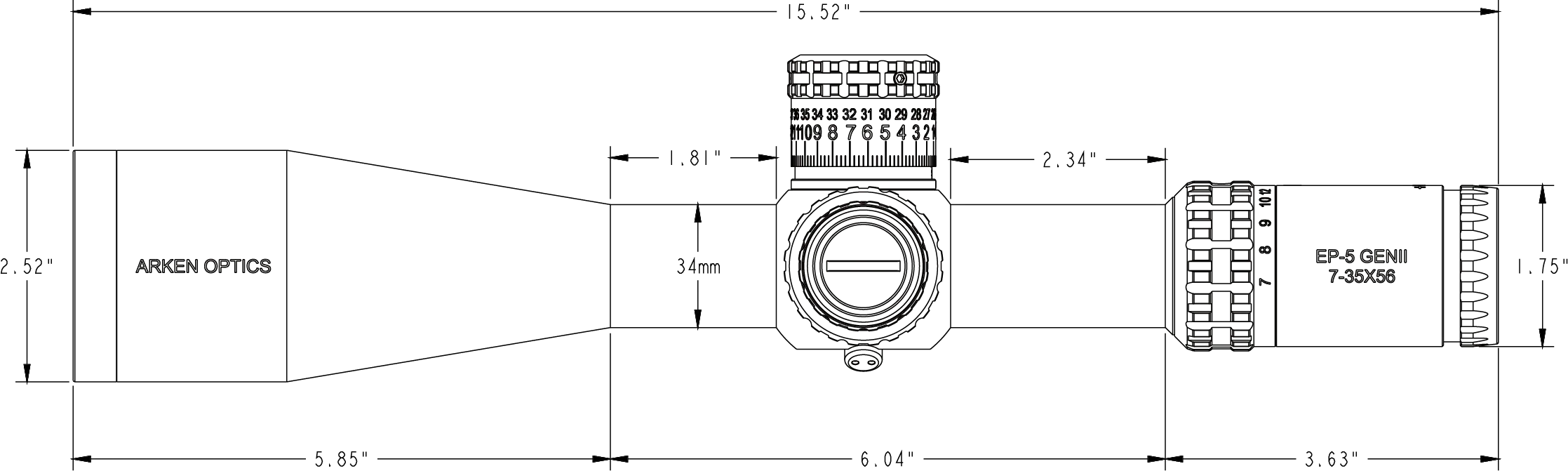 ARKEN EP5 GEN 2 7-35X56 FFP TOR MIL Dimension