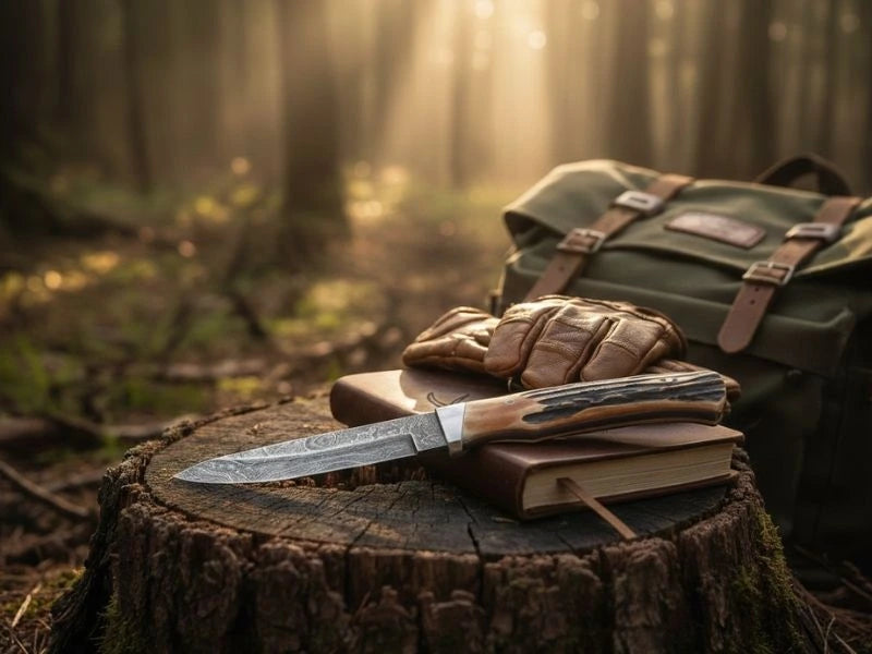 Bear and Son Pro Skinner knife on a leather journal in a sunlit forest
