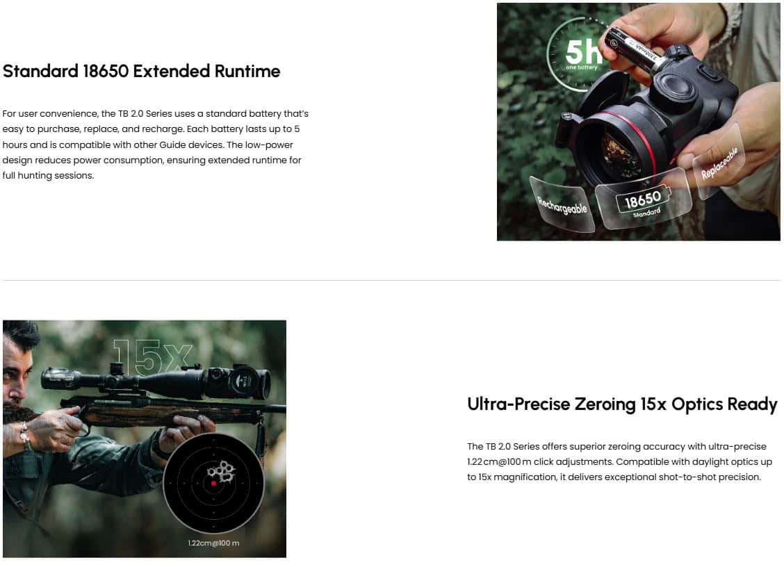 Guide TB650 2.0 Thermal Clip-On 5hr runtime on 18650 battery and compatibility with up to 15x optics