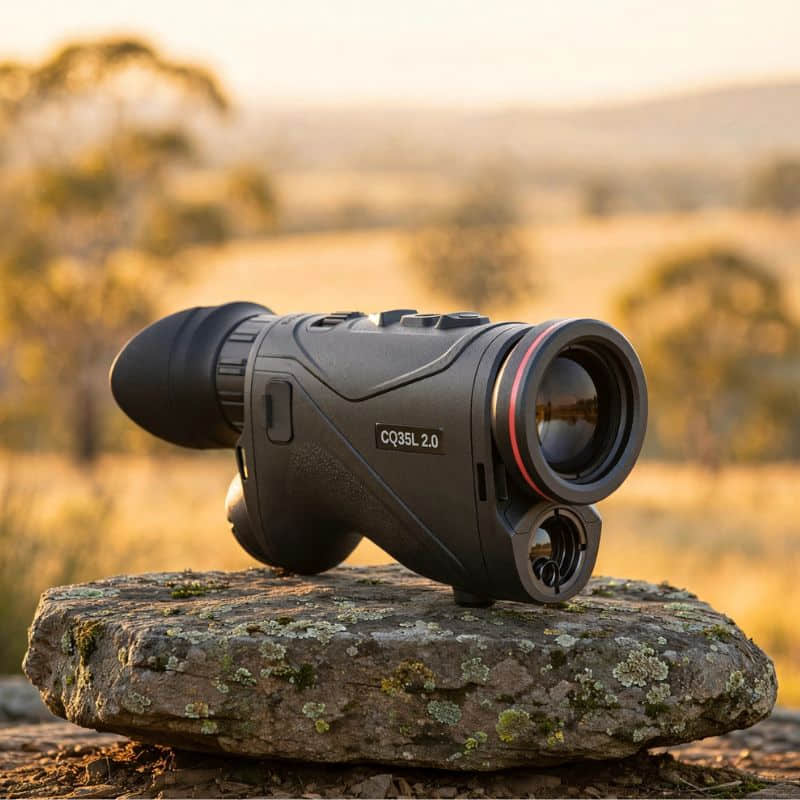 HIKMICRO Condor CQ35L 2.0 Thermal Monocular on top of a  Granite Bush Rock 