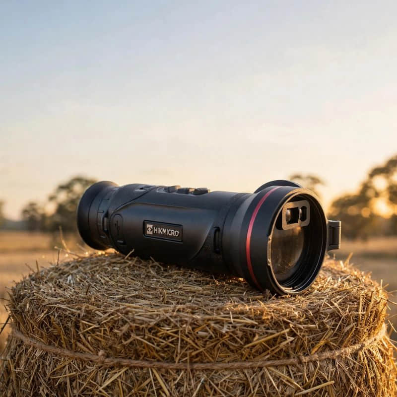 HIKMICRO Falcon FQ50L 2.0 Thermal Monocular on top of a Hay Bale