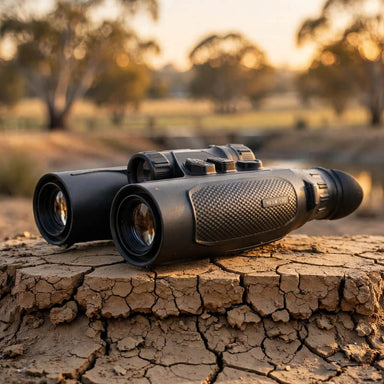 HIKMICRO HABROK 4K HE25L 2.0 Multi Spectrum Binoculars on top of a  Dry Dam Bank Clay