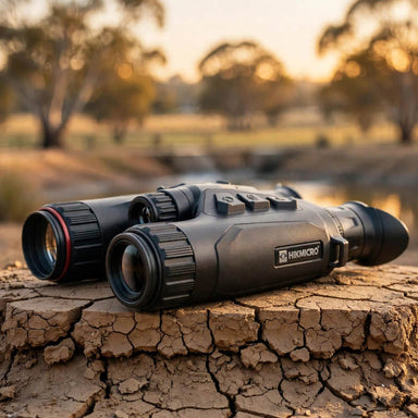 HIKMICRO Habrok 4k HQ35L(N) Multi-Spectrum Binocular on top of a  Dry Dam Bank Clay