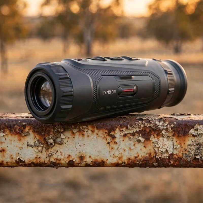 HIKMICRO Lynx LH25 3.0 Thermal Monocular on top of a Rusty Farm Gate Rail