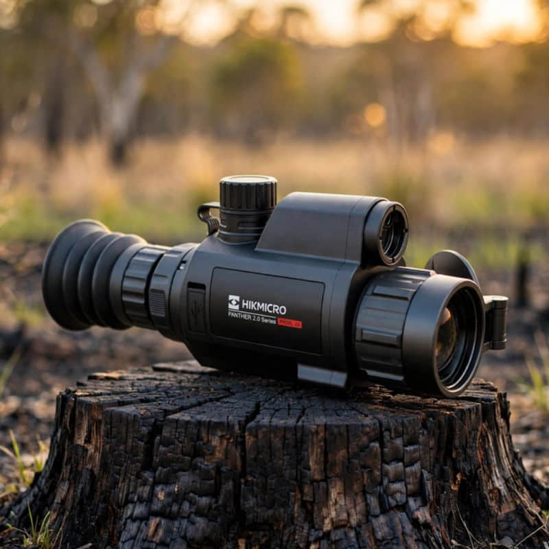 HIKMICRO Panther 2.0 PH35L Thermal Scope on top of a burnt stump