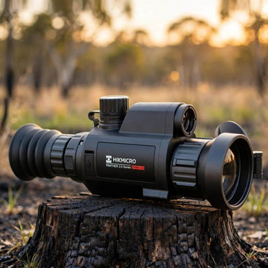 HIKMICRO Panther 2.0 PH50L Thermal Scope on top of a Burnt Stump