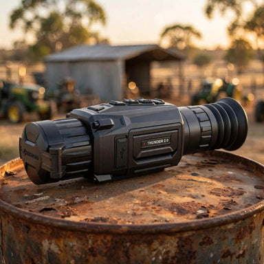 HIKMICRO Thunder TE19 2.0 Thermal Scope on top of an oil drum top
