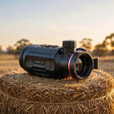 HIKMICRO Thunder TH35C 3.0 Thermal Clip-On on top of a Hay Bale
