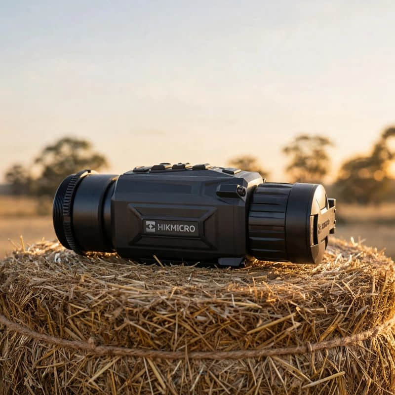 HIKMICRO Thunder TH35PCR 2.0 Thermal Clip-On on top of a Hay Bale