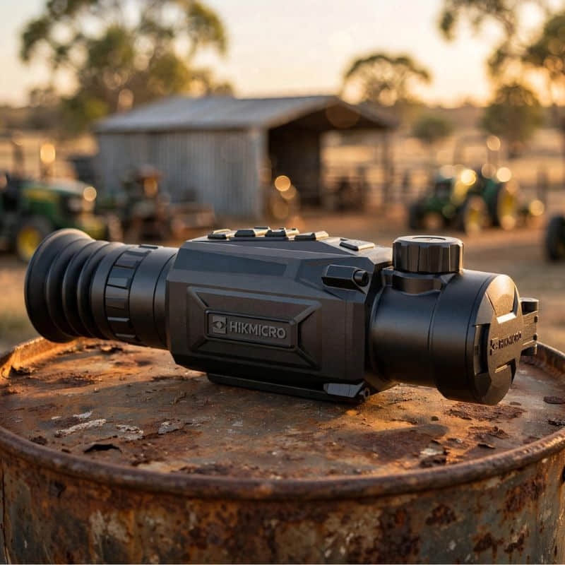 HIKMICRO Thunder TQ35 2.0 Thermal Scope on top of an oil drum top