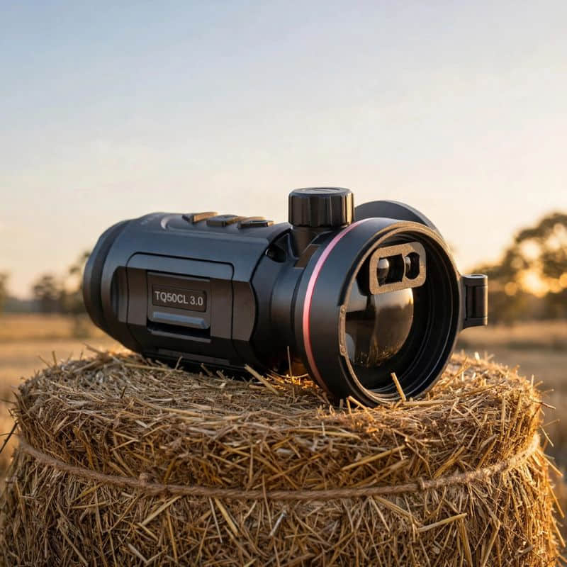 HIKMICRO Thunder TQ50CL 3.0 Thermal Clip On on top of a Hay Bale