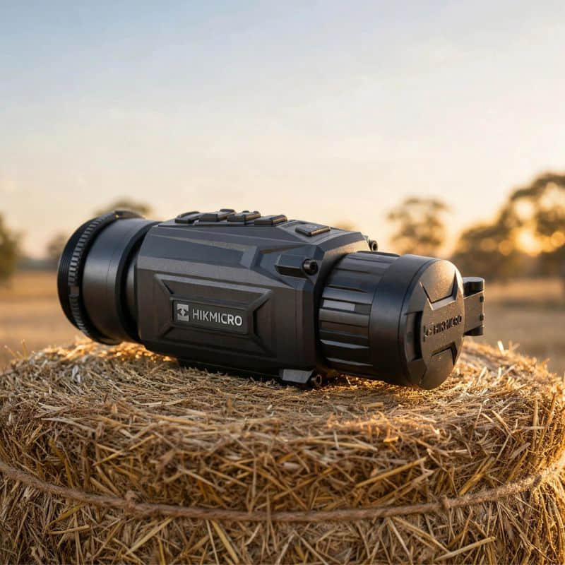 HIKMICRO Thunder TQ50CR 2.0 Thermal Clip-On on top of a Hay Bale