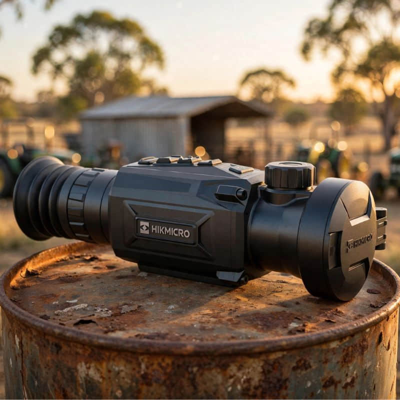 HIKMICRO Thunder TQ50 2.0 Thermal Scope on top of an oil drum top