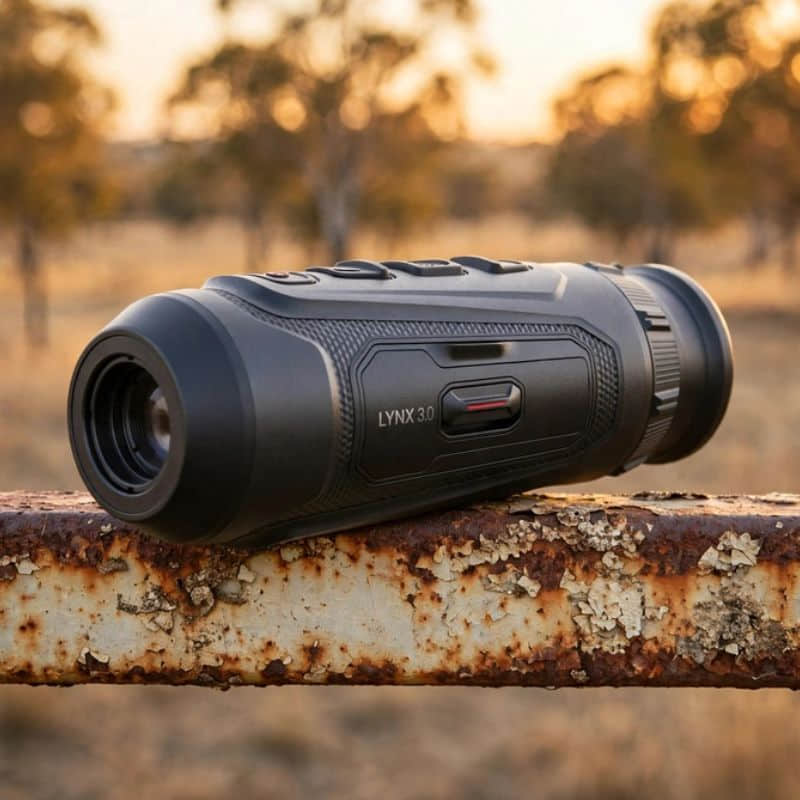 Hikmicro Lynx LH15 3.0 Thermal Monocular on top of a Rusty Farm Gate Rail
