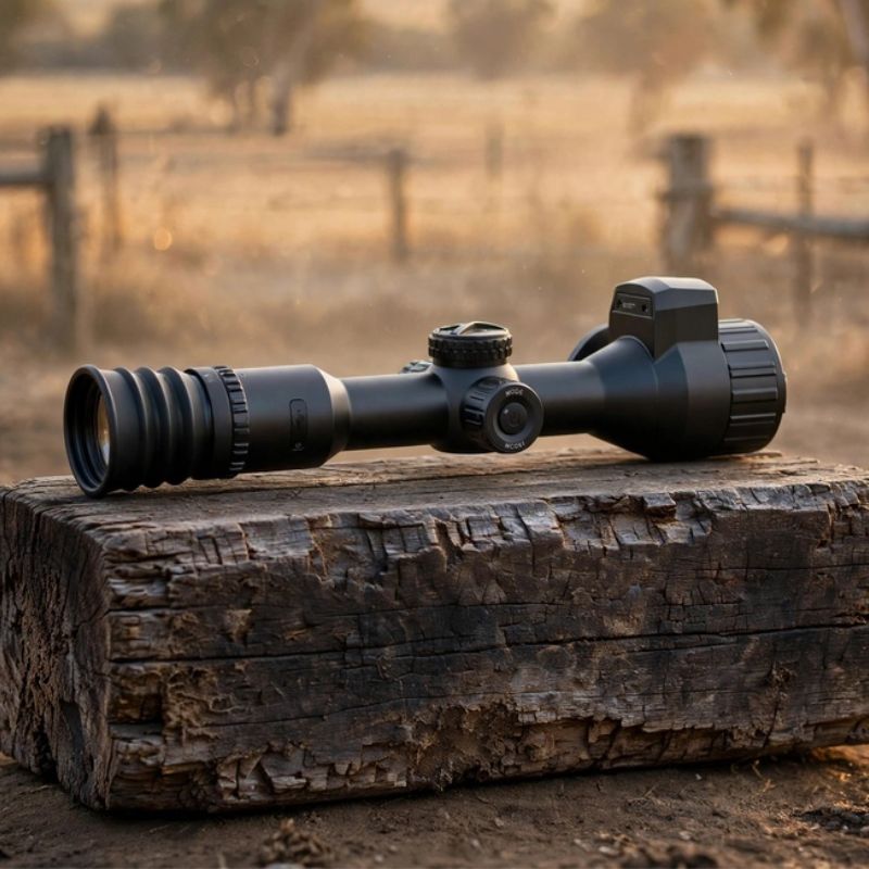 Hikmicro Neos NH25L Thermal Scope on top of a Cattle Yard Rail