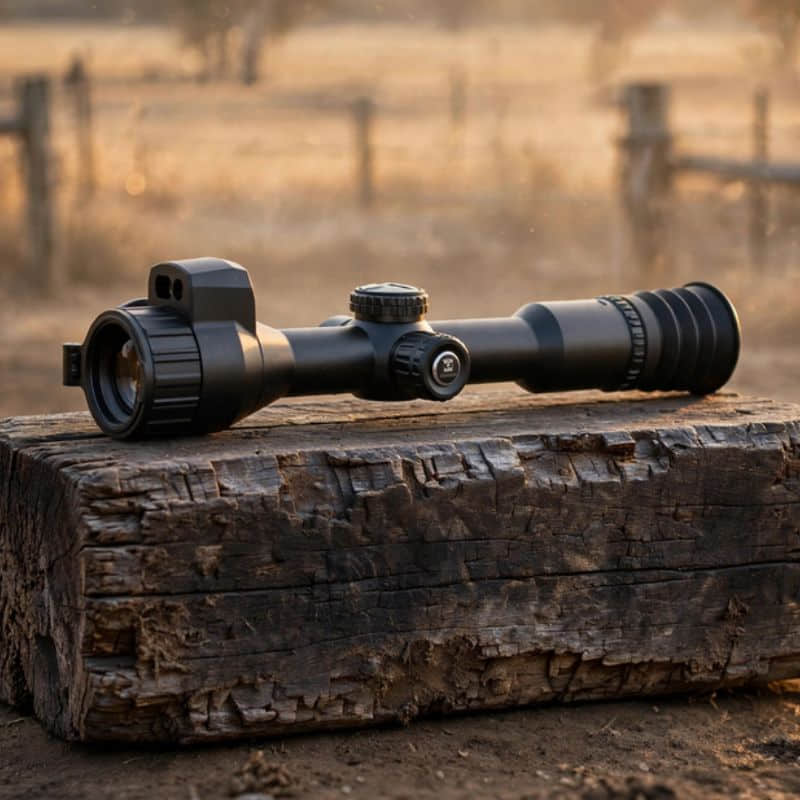 Hikmicro Neos NH35L Thermal Scope on top of a Cattle Yard Rail