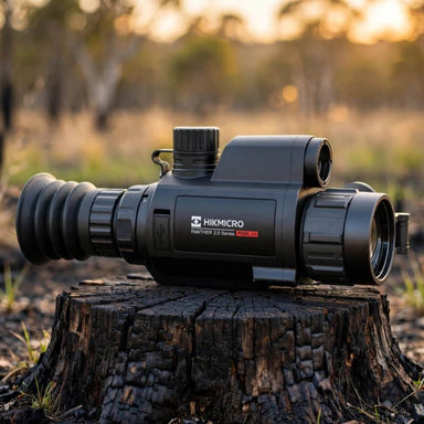 Hikmicro Panther 2.0 PQ35L Thermal Scope on top of the burnt stump