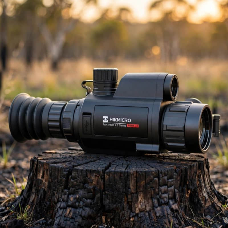 Hikmicro Panther 2.0 PQ35L Thermal Scope on top of the burnt stump
