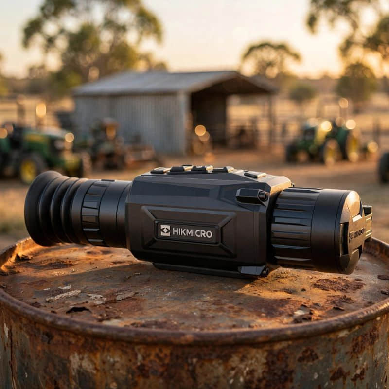 Hikmicro Thunder TH25P 2.0 Thermal Scope on top of an oil drum top