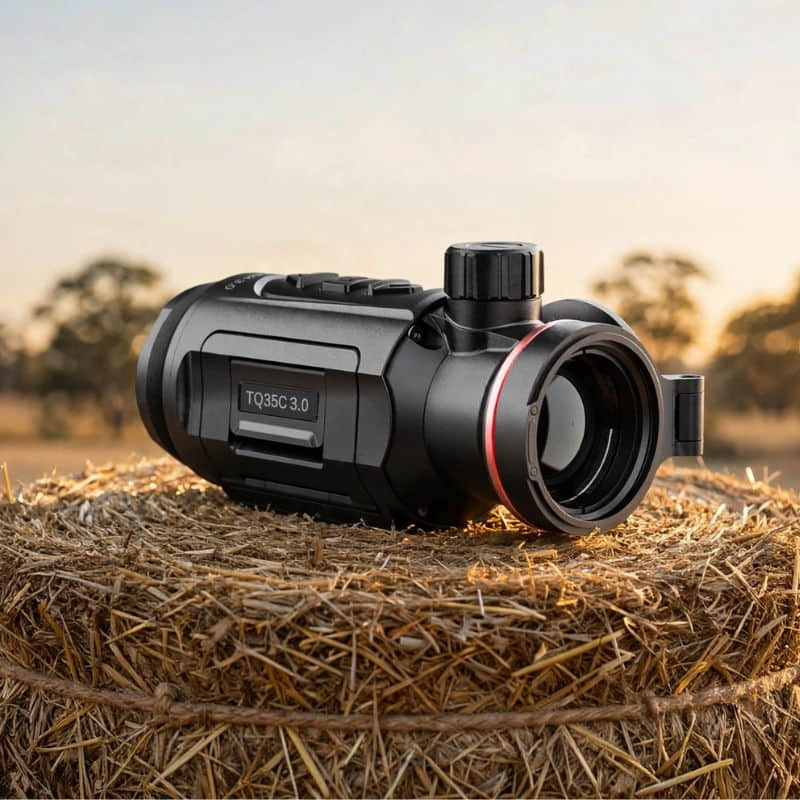 Hikmicro Thunder TQ35C 3.0 Thermal Clip On on top of a Hay Bale