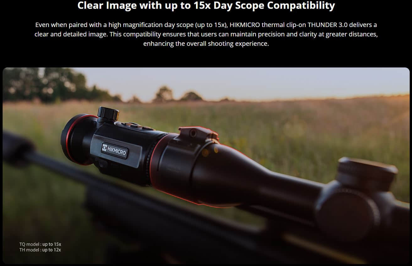 Hikmicro Thunder TQ50C 3.0 Thermal Clip On compatibility with day scopes up to 15x magnification