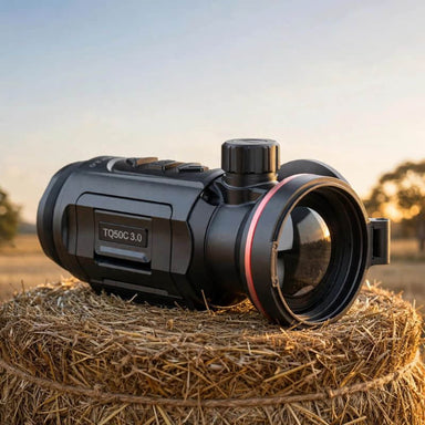 Hikmicro Thunder TQ50C 3.0 Thermal Clip On on top of a Hay Bale