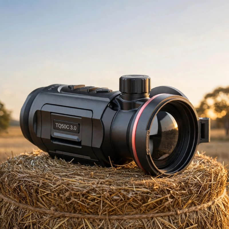Hikmicro Thunder TQ50C 3.0 Thermal Clip On on top of a Hay Bale