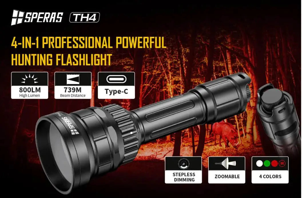 SPERAS TH4 IR KIT Zoomable & Dimmable & Rechargeable 4-in-1 Hunting Flashlight Kit Features Overview