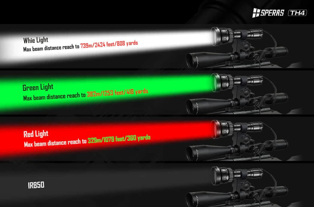 SPERAS TH4 IR KIT Zoomable & Dimmable & Rechargeable 4-in-1 Hunting Flashlight Kit Red, Green, White and IR850 Light Types