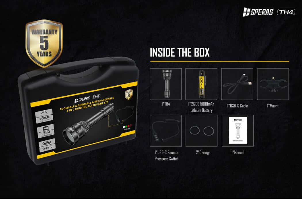 SPERAS TH4 IR KIT Zoomable & Dimmable & Rechargeable 4-in-1 Hunting Flashlight Kit Whats In The Box 2