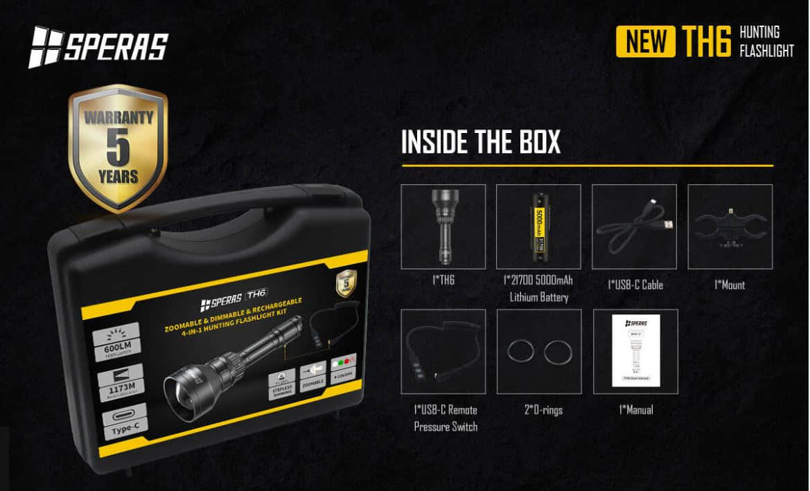 SPERAS TH6 IR KIT Zoomable & Dimmable & Rechargeable 4-in-1 Hunting Flashlight Kit Whats In The Box 2