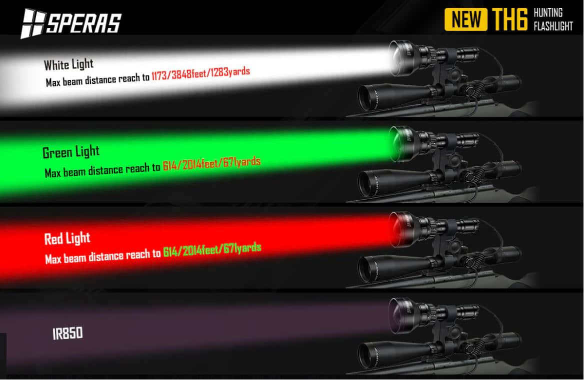 SPERAS TH6 IR KIT Zoomable & Dimmable & Rechargeable 4-in-1 Hunting Flashlight Kit Red, Green, White and IR850 Light Types