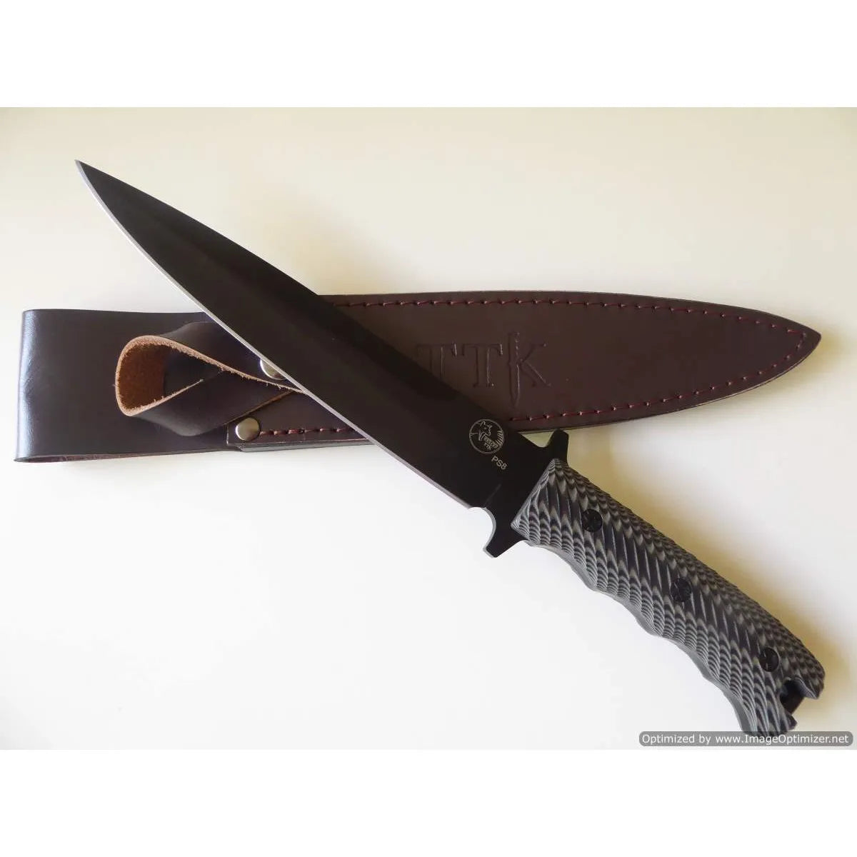 Tassie Tiger Knives Pig Sticker 8″ Black Blade Hunting Knife Non Slip Handle Leather Sheath Feature
