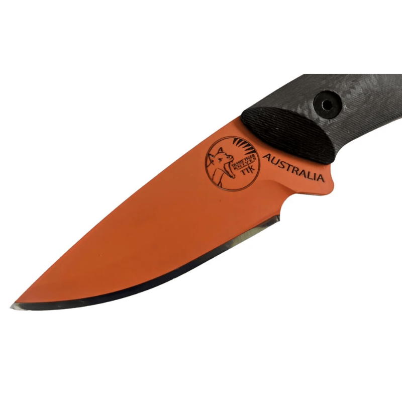 Tassie Tiger Knives Australian Made Fixed Blade Knife – Orange Black – Carbon Fibre Scales