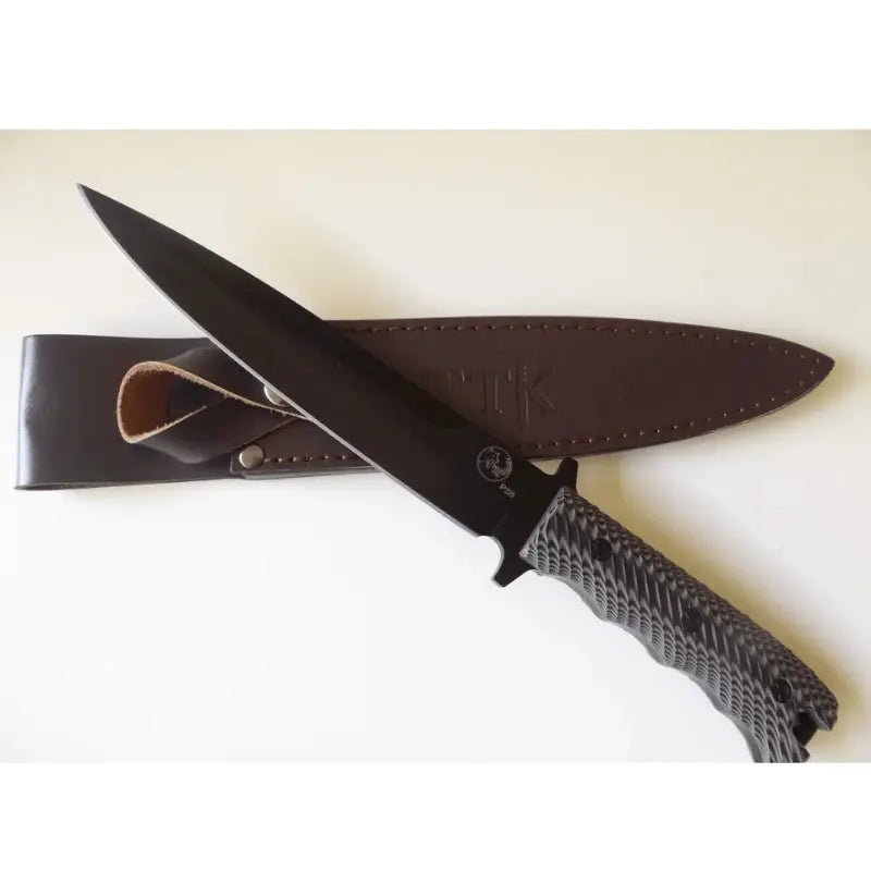 Tassie Tiger Knives Pig Sticker 8″ Black Blade Hunting Knife Non Slip Handle Leather Sheath - Knife