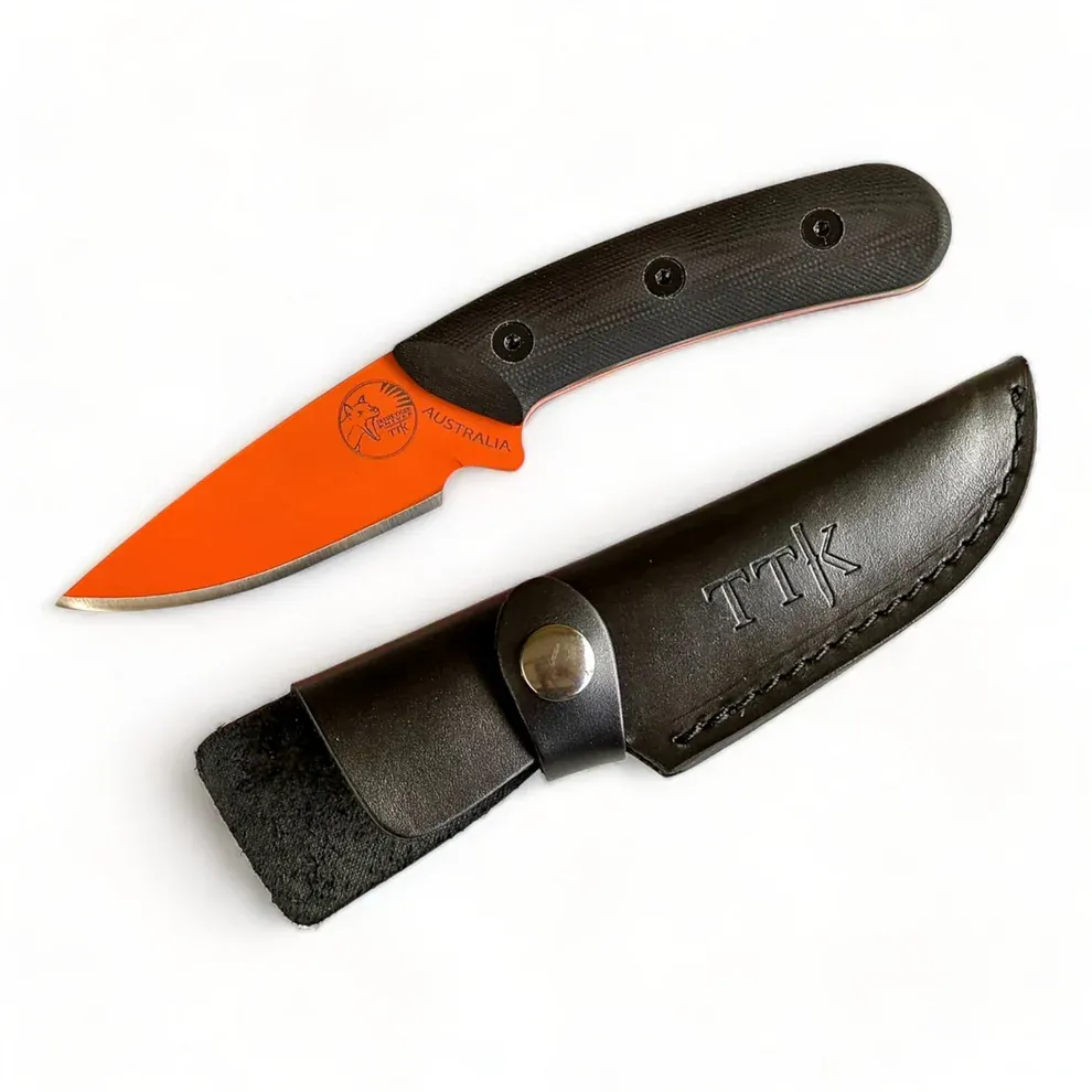 Tassie Tiger Knives Australian Made Fixed Blade Knife – Orange Black – Carbon Fibre Scales Feature