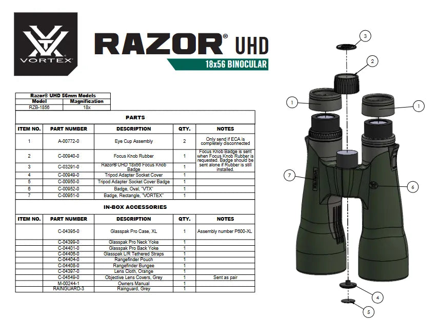 VORTEX Razor UHD 18x56 Binocular Parts Diagram