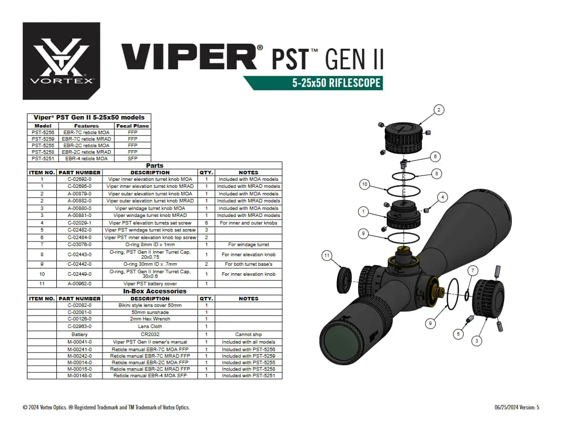 VORTEX VIPER PST GEN 2 5-25x50 FFP parts and in box accessories