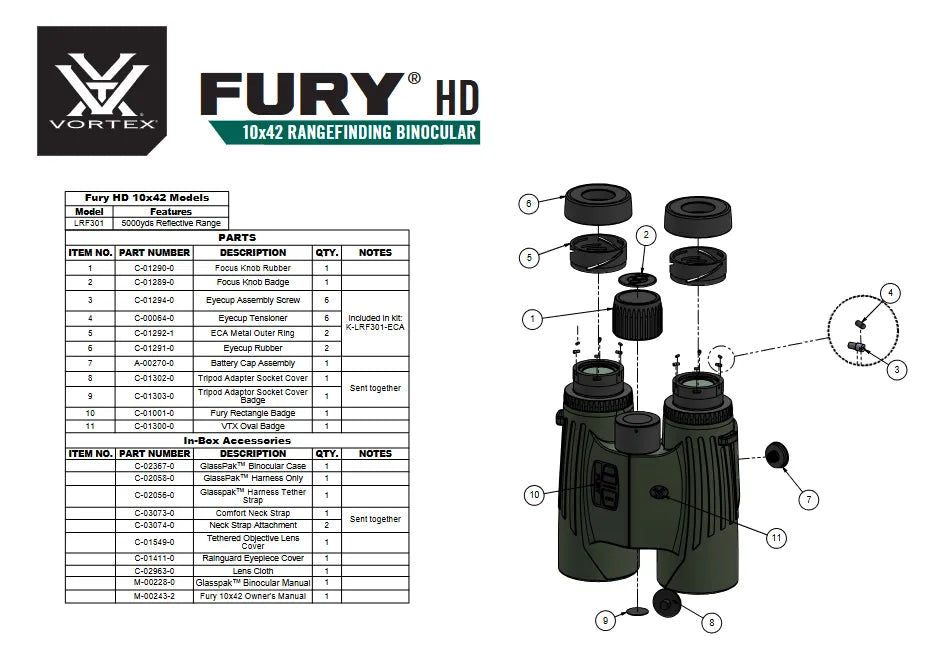 Vortex FURY 10X42 LRF 5000 BINOCULAR Content