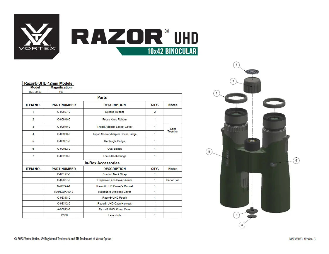 Vortex Razor UHD 10x42  parts and in box accessories diagram and list