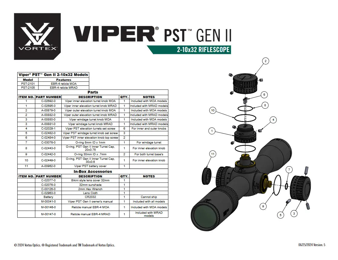 Vortex Viper PST Gen 2 2-10x32 FFP parts and in box accessories