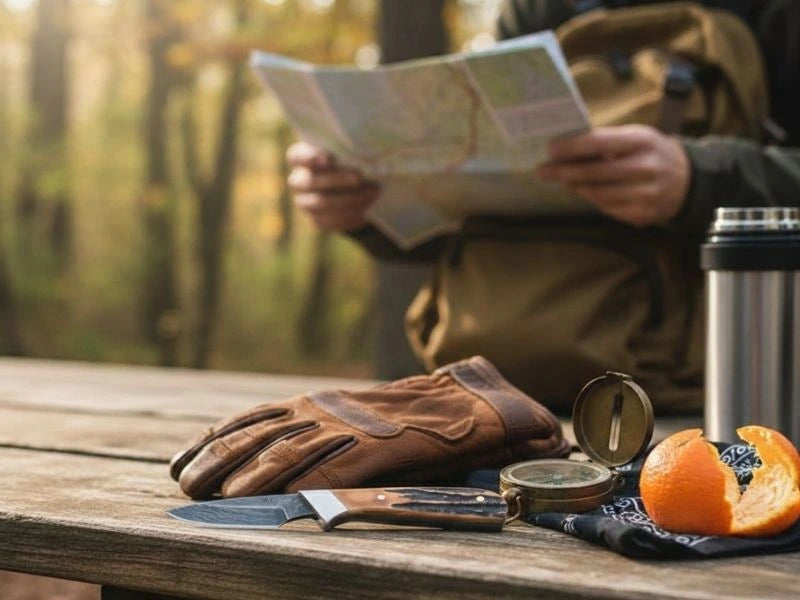 Bear and Son Invincible Skinner knife on a wooden table with hunting gear and a map