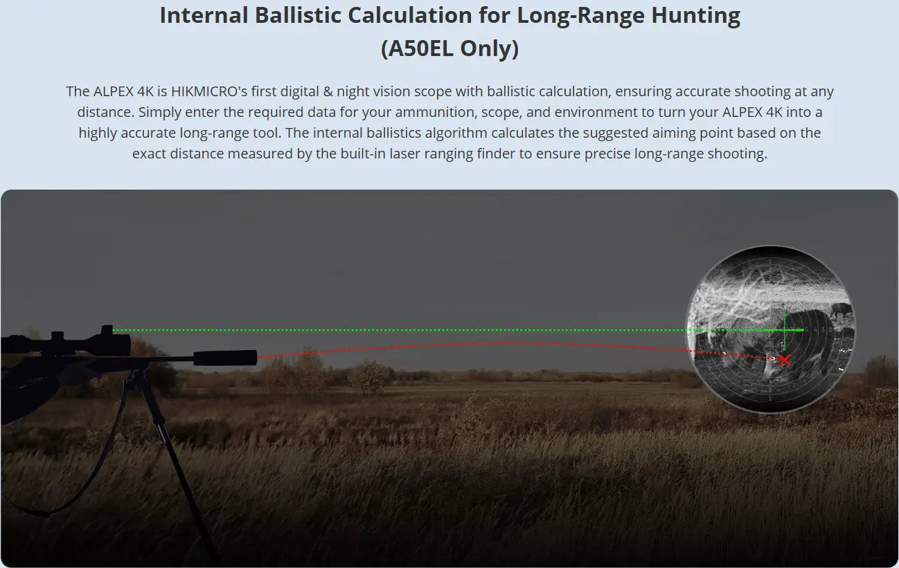 hikmicro alpex 4k a50el lrf digital day & night rifle scope Balistics Calculator Features Banner