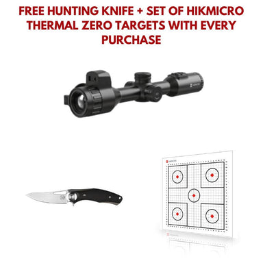 hikmicro stellar sq35l 3.0 thermal scope with hunting knife and thermal zero targets