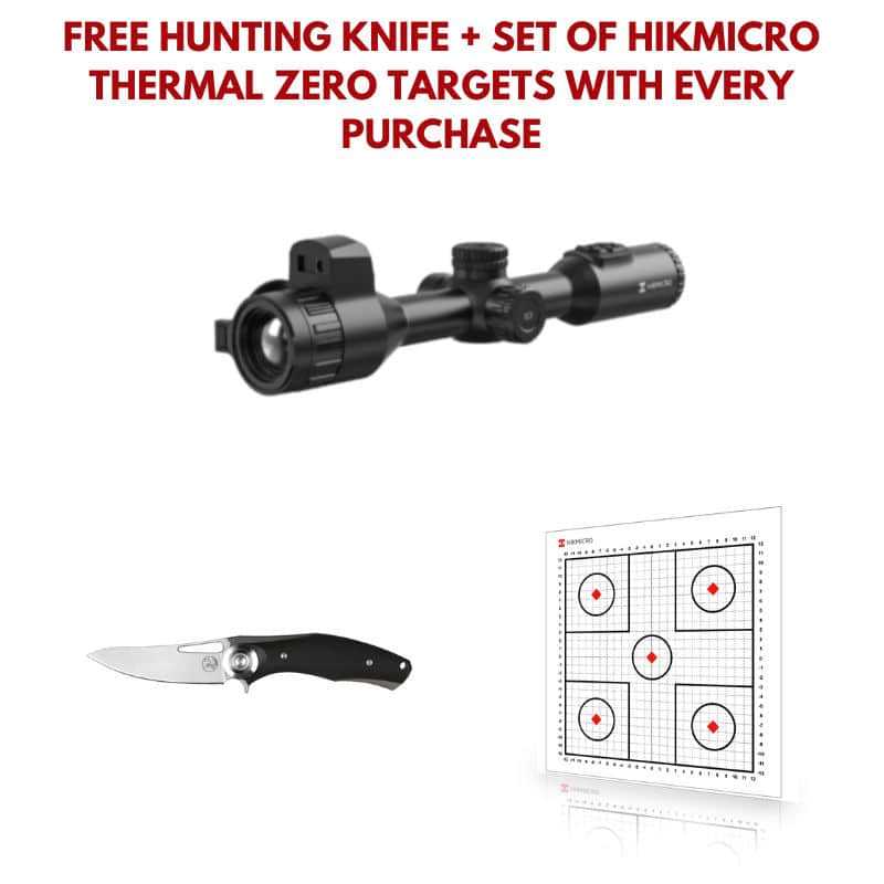hikmicro stellar sq35l 3.0 thermal scope with hunting knife and thermal zero targets