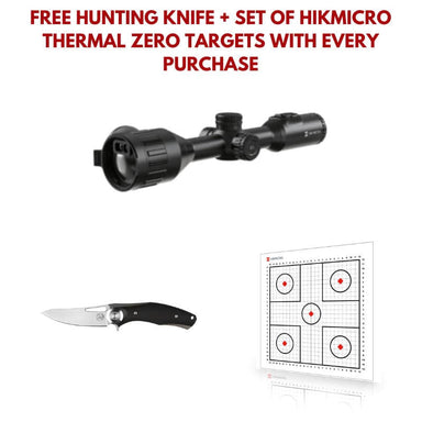 hikmicro stellar sq50l 3.0 lrf thermal rifle scope with hunting knife and thermal zero targets