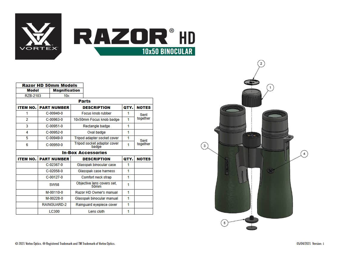 vortex razor hd 10x50 parts and in box accessories diagram and list