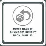 A white sign with a gray border featuring a gray icon of a package and a curved arrow, accompanied by text.